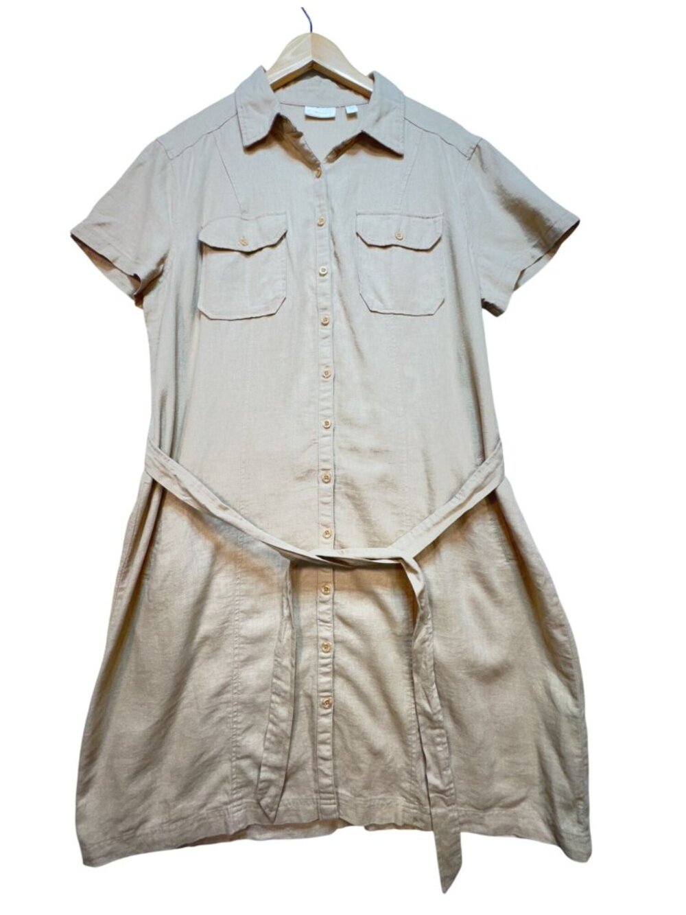 New York & Company Womens Button Down Shirt Dress XL Beige Linen Blend Casual